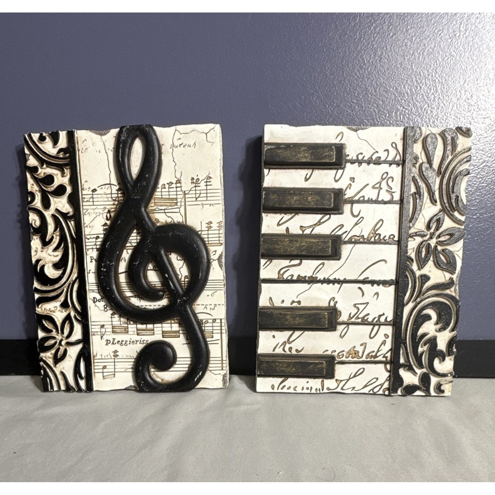New View Music Wall Plaque Set 2 Treble Clef & Piano Keys Resin 8x6